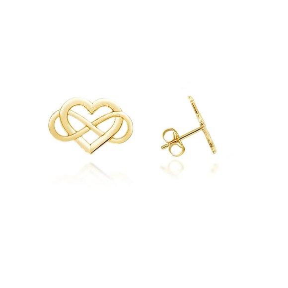 14K Solid Gold Infinity Heart Earrings: Valentine 14K Solid Gold Small Infinity Heart Stud Earrings